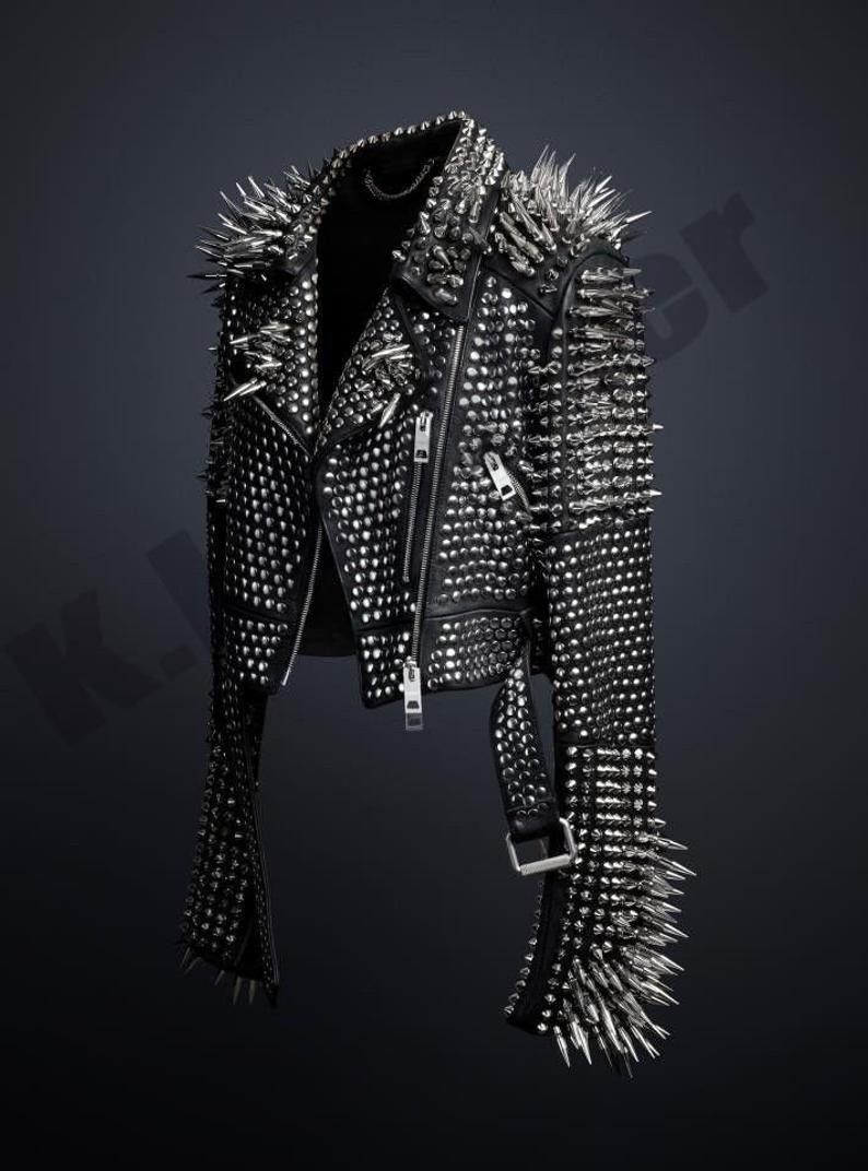 New Mens Full Black Punk Silver Long Spiked Studded Leather Brando Jacket 2019