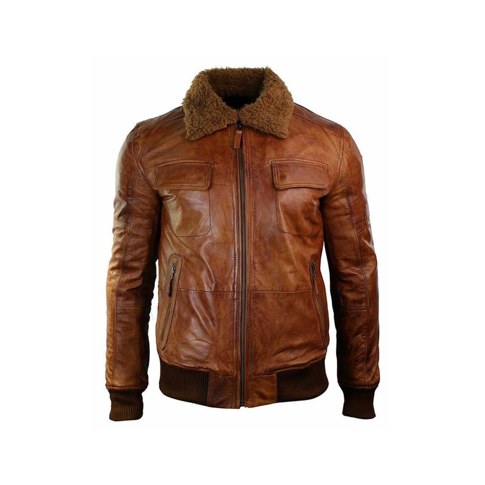 Mens Distressed Brown Fur Collar Bomber Vintage Real Leather Jacket