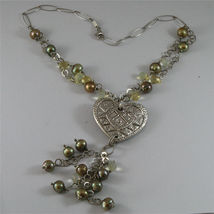.925 SILVER RHODIUM NECKLACE 17,72 In, GREEN PEARLS, HAMMERED CENTRAL HEART. image 5
