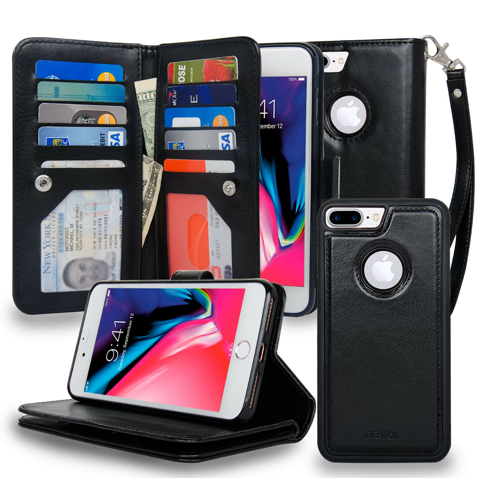 Navor iPhone 8 Plus Case Magnetic Detachable Wallet Case [RFID Protection]