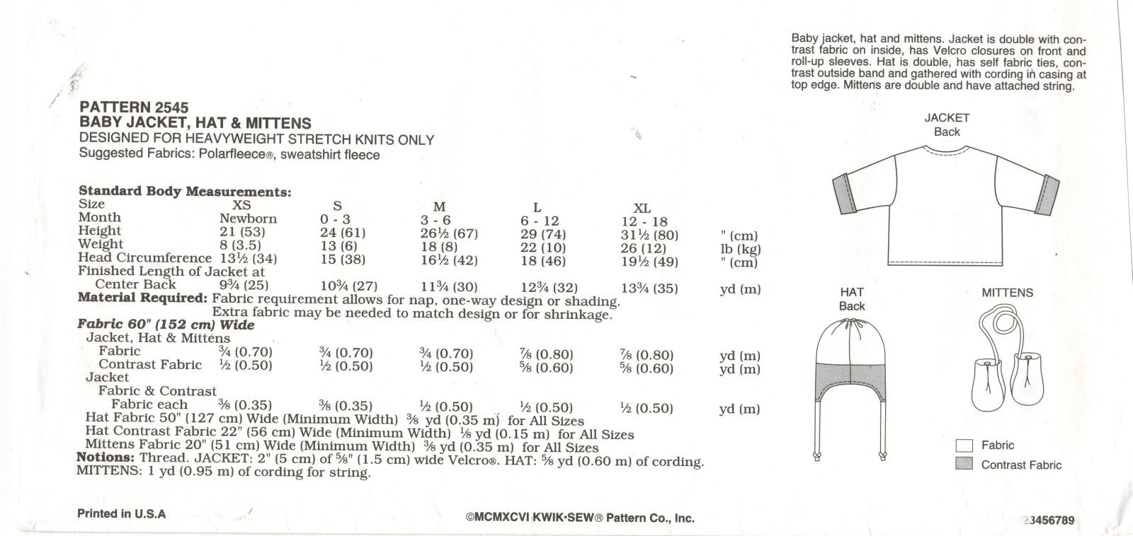 Kwik Sew Infant Baby Fleece Jacket Ear Flap Hat String Mittens Pattern