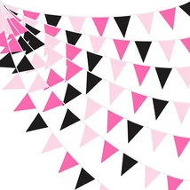 32Ft Rose Hot Pink Black Pennant Banner Fabric Triangle Cotton Bunting - $29.99