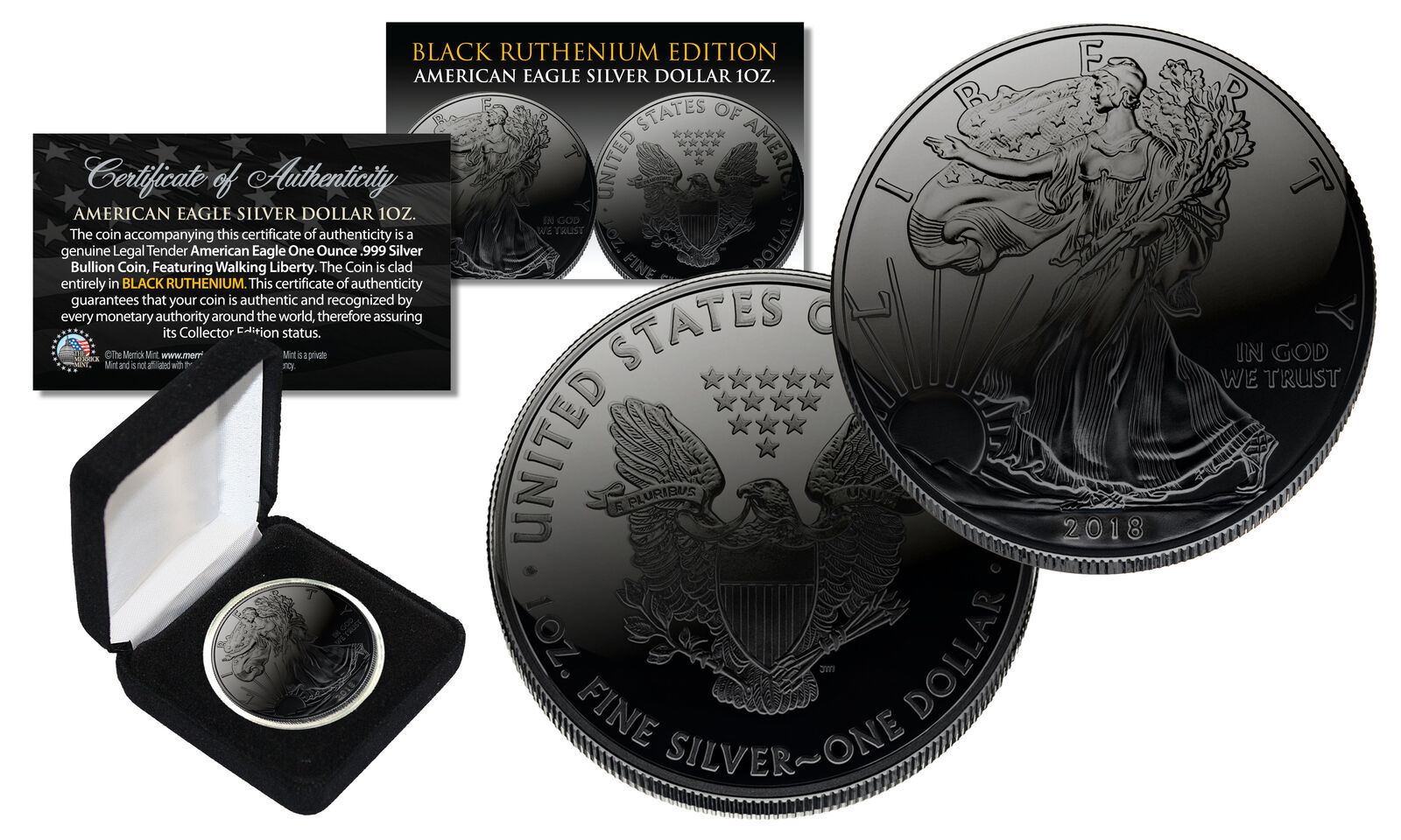 Primary image for 2021 BLACK RUTHENIUM 1 Troy Oz 999 Silver American Eagle Coin with Deluxe Box