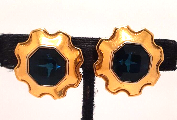 Swarovski Swan Signed Gold Tone Blue Crystal Clip On Earrings - $19.80