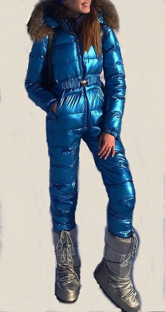 Man Woman Metallic Argentum Blue Ski Suit Skisuit Winter Overall One ...