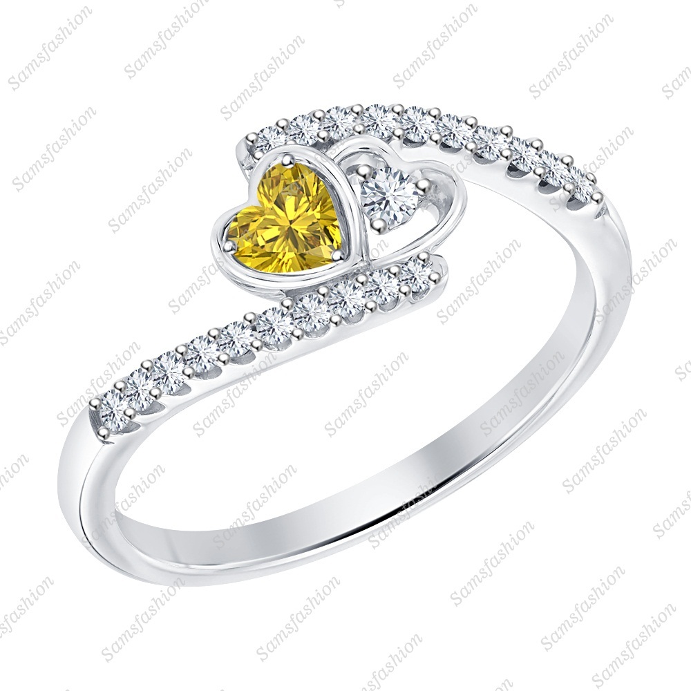 Heart Shaped Yellow Sapphire & Dia 14k White Gold 925 Double Heart Promise Ring