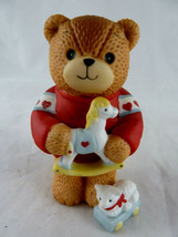 Lucy & Me Bear holding Rocking Horse w Lamb toy by foot Enesco 1984 Lucy Rigg 3" - $18.80