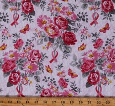 Cotton Pink Ribbons Breast Cancer Awareness Roses Fabric Print by Yard D... - $10.95