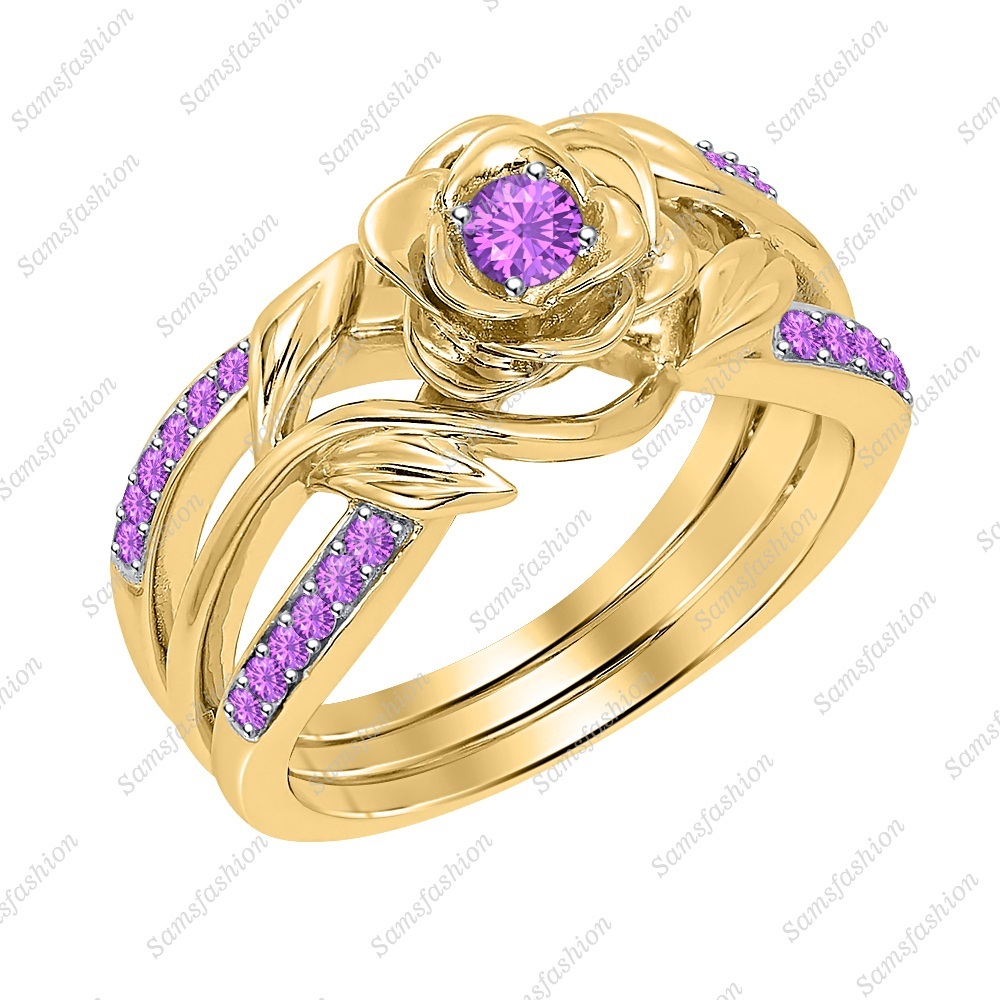 0.55ctw Round Cut Amethyst 14K Yellow Gold Over Disney Belles Twining Rose Ring