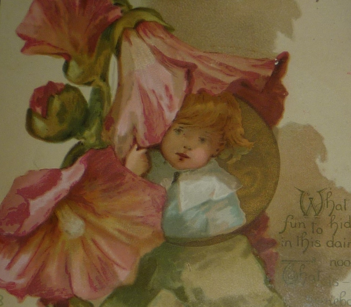 Primary image for 1882 Antique Victorian PRANG Valentine Card - Little Boy Under a Pink Flower 