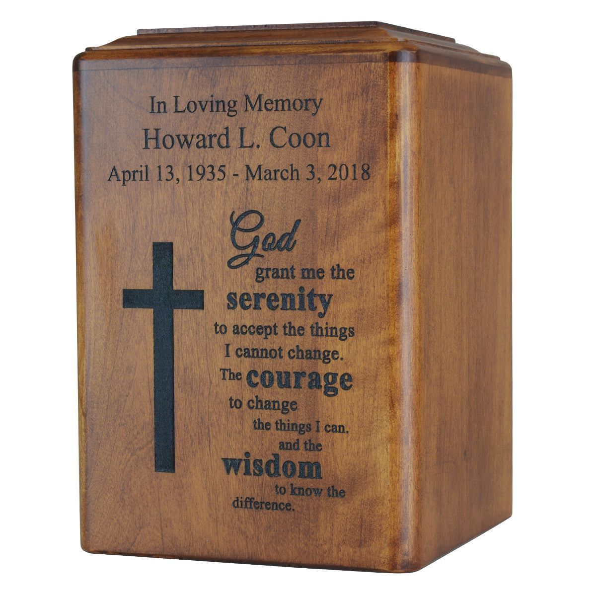 Largeadult 250 Cubic Ins Cross And Serenity Prayer Wood Cremation Urn