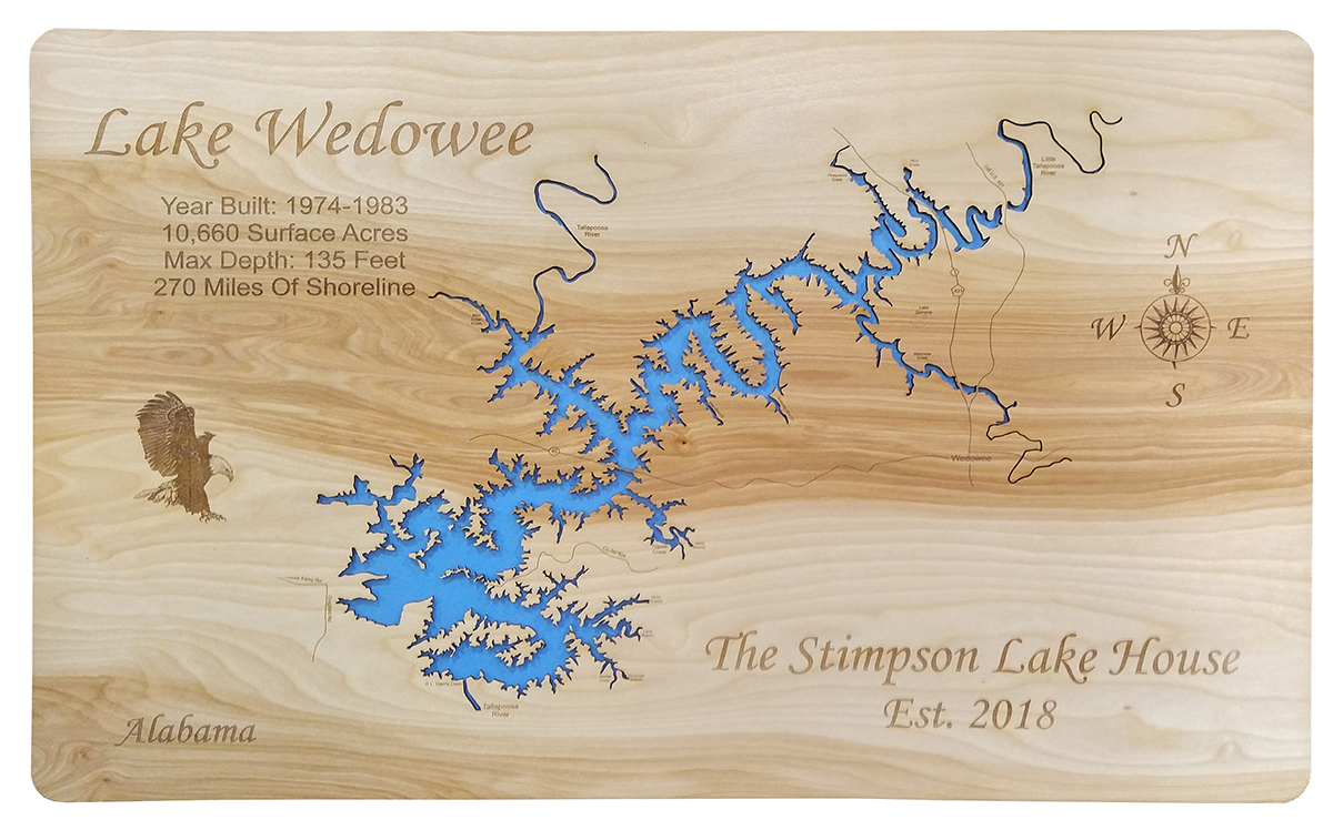 Wood Laser Cut Map of Lake Wedowee, AL Topographical Engraved Map