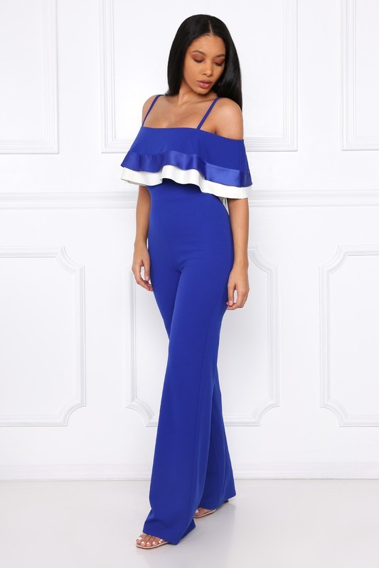 Image 3 of Flirty Royal Blue Party Jumpsuit, Off Shoulder, Ruffled Bodice, S, M or L
