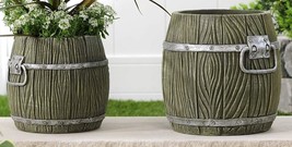 Barrel Style Planter Pots Set of 2 Cement Garden Home Decor 8.4" and 7" high image 2