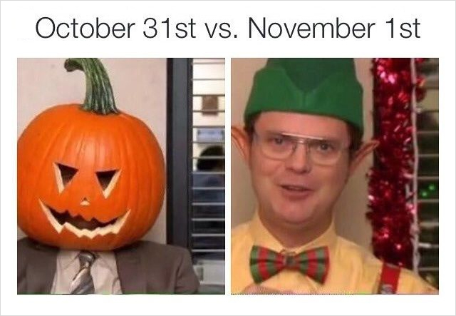 image shows the character Dwite from the tv show the office in a pumpkin head and an image of him wearing an elf hat