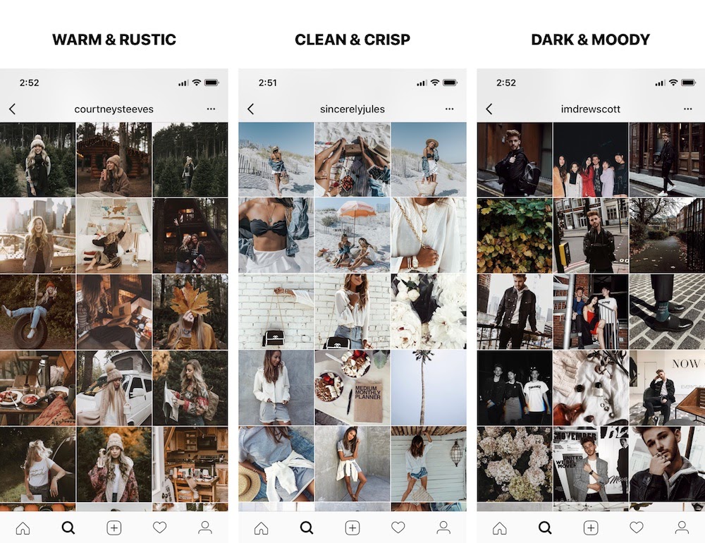 Three examples of different Instagram aesthetics