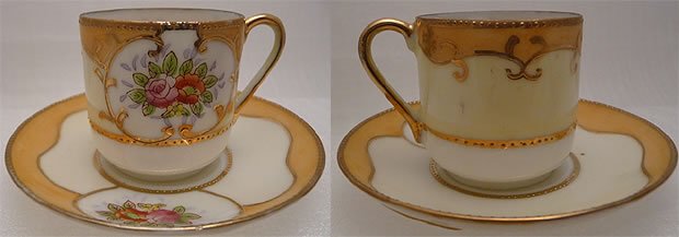 front & back detailed view of EARLY ARDALT RED ROSE Demitasse TEA CUP SET