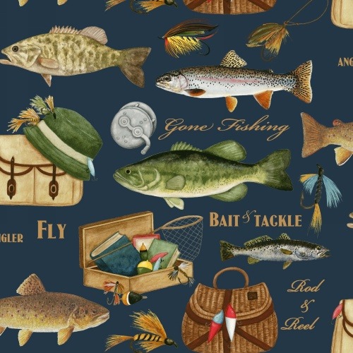 VelvaFleece Gone Fishing Trophy Fish Fleece Fabric Print by the yard o39603-1b