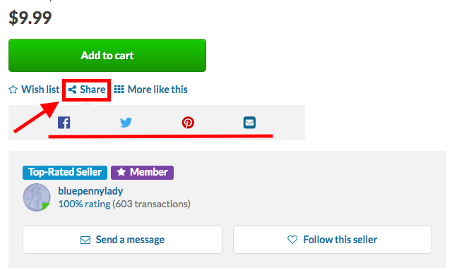 Screenshot demonstrating that there is a 'Share' link under the 'Add to cart' button on item listing pages