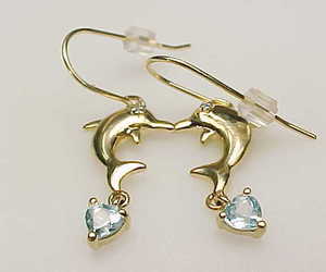 GOLD VERMEIL DOLPHIN Dangle EARRINGS with BLUE TOPAZ and tiny DIAMOND -FREE SHIP, an item from the 'December's Birthstone: Blue Topaz' hand-picked list