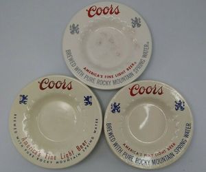 Three COORS BEER White Ceramic Ashtrays Vintage 80s, an item from the 'Vintage Ashtrays' hand-picked list