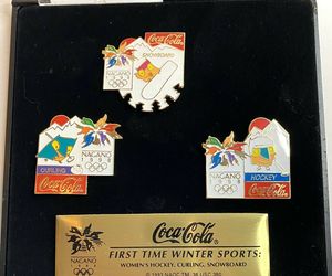 1998 Nagano Olympics Coca Cola Pin Set Hockey Snowboarding Curling COLLECTIBLE, an item from the 'Community Picks: Olympics in Japan' hand-picked list