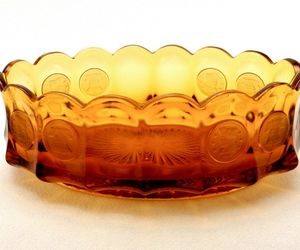 Fostoria Honey Amber Coin Glass Oval Serving Bowl, 9&quot; x 5&quot;, 16 Panels, Scalloped, an item from the 'Elegant Amber' hand-picked list