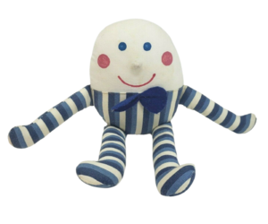 10&quot; VINTAGE HUMPTY DUMPTY EGG STUFFED ANIMAL PLUSH TOY BLUE WHITE STRIPED PANTS, an item from the 'Humpty Dumpty World' hand-picked list