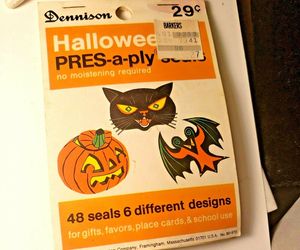 Vintage Dennison Halloween Sticker Book Witch on Broom Black Cat Scarecrow Bat, an item from the 'Halloween is the BEST' hand-picked list