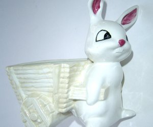 Bunny with Cart 1980&#39;s Ceramic Hobbyist Hand Painted Rabbit Candy Dish Planter, an item from the 'Bunny Babies' hand-picked list