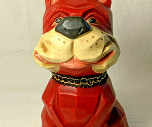 Adorable Red Bull Dog Composite Resin Statue Still Piggy Bank Coins Money Holder, an item from the 'Seeing Red' hand-picked list