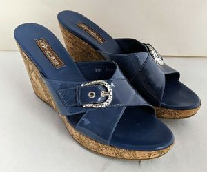 Brighton Blue Summer Patent Leather Open Toe Sandal Wedge Heel Shoes Size 9.5, an item from the 'Sweet Summer Sandals' hand-picked list