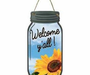 Welcome Y&#39;all! Sunflower Mason Jar Sign Aluminum 4&quot; x 8&quot;, an item from the 'You Are Welcome' hand-picked list