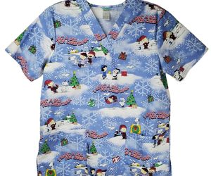 Peanuts Scrub Top Womens Size Small Charlie Brown Linus Snoopy Christmas Tree, an item from the 'Have A Merry and PEANUTTY Christmas' hand-picked list