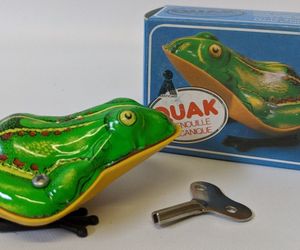 Vintage 1970&#39;s (Germany) Tin Lithographed Wind-up QUAK Jumping Frog Toy, in Box, an item from the 'Frog Festival' hand-picked list