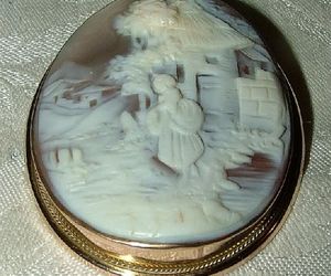 Beautiful Victorian Antique 10K+ Gold Bezel Large Shell Cameo Rebecca at Well, an item from the 'Victorian Elegance' hand-picked list