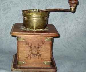 Antique Vintage Handcarved Wooden Coffee Grinder With Brass and Iron Hopper, an item from the 'Vintage Household Collectibles' hand-picked list
