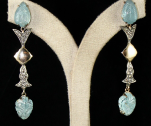 NATURAL BLUE AQUAMARINE CARVED DIAMOND 18K GOLD 925 SILVER VICTORIAN EARRING-..., an item from the 'Aquamarine - March’s Birthstone ' hand-picked list