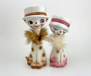 Vintage Furry Long Neck Siamese Cat Figurines | Ceramic Anthropomorphic Cats , an item from the 'Vintage Cat Collectibles' hand-picked list