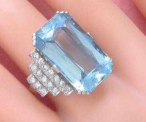 ART DECO 17ct AQUAMARINE 1.2ctw DIAMOND SHOULDERS STATEMENT COCKTAIL RING size 9, an item from the 'Aquamarine - March’s Birthstone ' hand-picked list