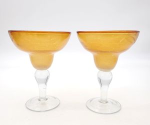 Pair (2) Hand Blown Margarita Glasses Yellow Amber Fiesta Party Bar Taco Tuesday, an item from the 'Elegant Amber' hand-picked list