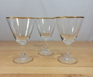 Vintage Fostoria Ambassador Gold Trim Water Goblets Glass Stem 6065 Set of 3 MCM, an item from the 'Midcentury Barware Sets' hand-picked list