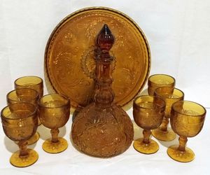 Vintage Tiara Amber Glass Decanter Set w/Tray/glasses MCM Home Decor, an item from the 'Love vintage Tiara glass?' hand-picked list