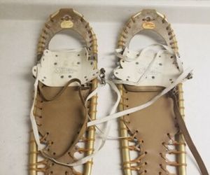 Sherpa Snow Claws Beige Gold Tone Metal Pair Winter Shoes 25&quot; x 8&quot; Vintage, an item from the 'Fun in the Cold Outdoors' hand-picked list