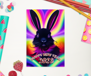 Happy New Year 2023 card black rabbit. Greetings Card. Christmas Card, an item from the 'Happy New Year 2023 ' hand-picked list