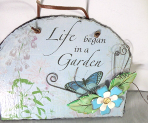 &quot;Life Began in a Garden&quot; Plaque Sign Wall Decor Art Butterflies Floral Hanging, an item from the 'Spring is in the Air' hand-picked list
