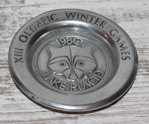Rare VTG 1980 Lake Placid Olympic Winter Games Raccoon Souvenir Pewter Ashtray, an item from the 'Vintage Ashtrays' hand-picked list
