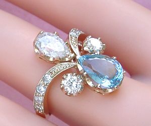 ESTATE 1.80ct PEAR AQUAMARINE 1.90ctw PEAR DIAMOND YELLOW 18K COCKTAIL RING 1970, an item from the 'Aquamarine - March’s Birthstone ' hand-picked list