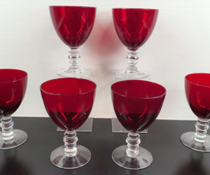 6 Duncan &amp; Miller Ruby Red Water Goblets Set Vintage Clear Stemware 5330 MCM Lot, an item from the 'Midcentury Barware Sets' hand-picked list