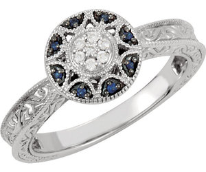 14K White Gold Filgree Design Sapphire &amp; Diamond Halo Victorian Engagement Ring, an item from the 'The Sweetest Ring' hand-picked list